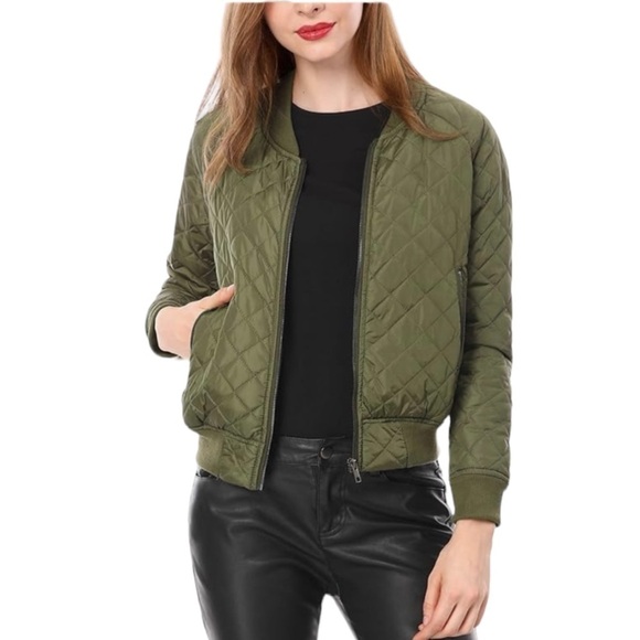 NWT ALLEGRA K Olive Green Shiny Puffer Quilted Bomber Jacket Women's Size S - Picture 1 of 16